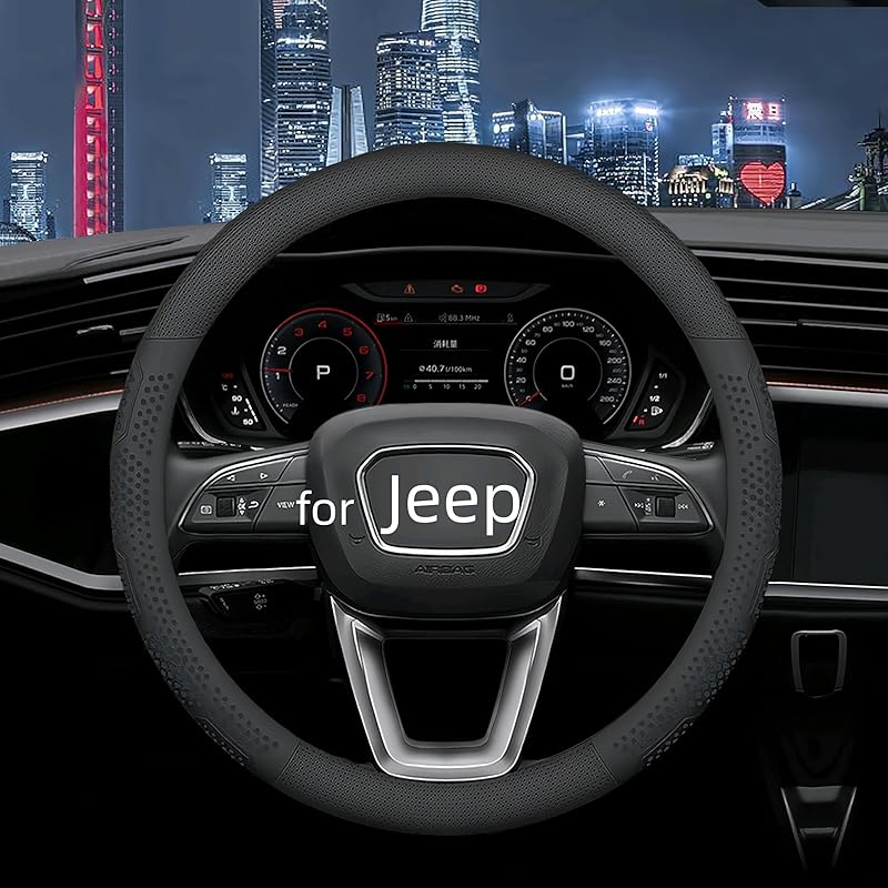 Кожаная Накидка на Руль для Jeep Wrangler Grand Cherokee Compass, 14,5-15 Дюймов Автомобильная Накидка на Руль с Нескользящей и Дышащей Поверхностью (черный) чёрный