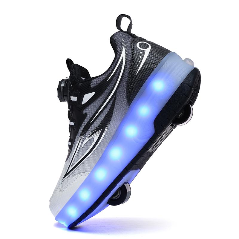 Barn Tvåhjuliga Dubbelanvändning LED Uppladdningsbara Lysande Rullskridskor Dubbelradiga Heelys Skor Rullskridskor