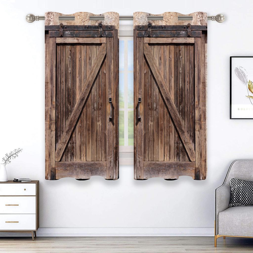 2pcs Light Colour Wooden Door Printed Curtain For Home Decor Rod Pocket Window Treatment For Bedroom,Office,Kitchen,Living Room