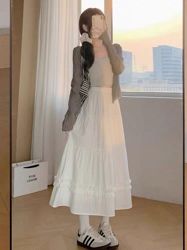 White A-Line Ruffle Midi Skirt - High Waist Summer 2025 Slimming French Style for Women & Petite