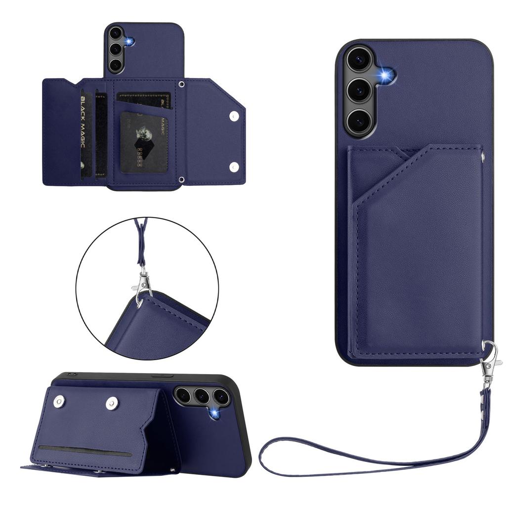 For Samsung Galaxy S25+ Case Card Holder Kickstand Skin-Touch Phone Cover with Wrist Strap