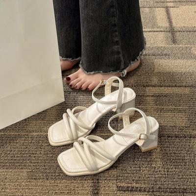 One-word Buckle with Square Head High Heels Medium Thick Heel with Skirt Versatile Fairy Style Open-toed Sandals Female Summer 2025 New Models