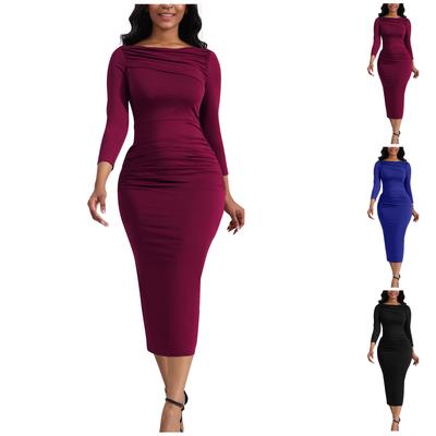 Women's Color Casual Pleated Slim Fitting Long Sleeved Women's Wrap Buttocks Dress