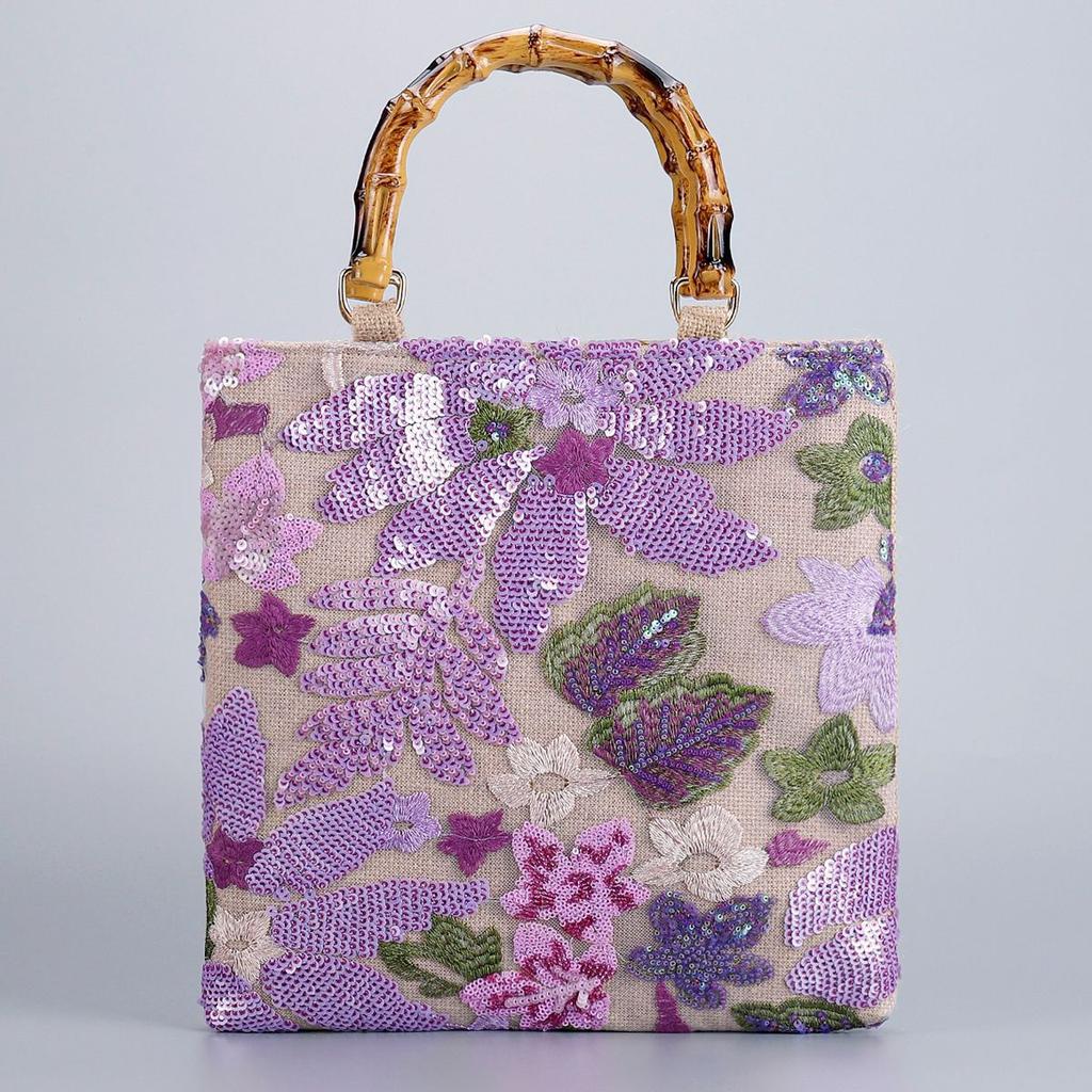 Women's Retro Tote Bag Vintage Pink Embroidery Sequin Bamboo Handle Handbag Elegant Fashion Bag Daily Commute Shopping Travel Bag