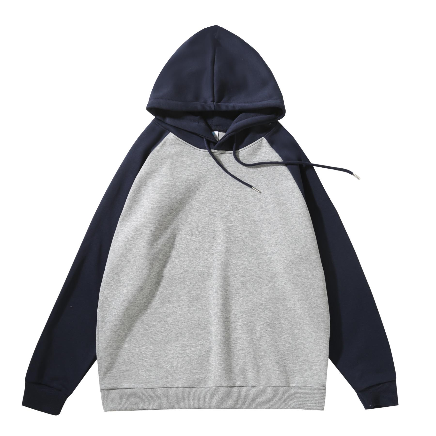 Ouli Velvet Color Block Raglan Hoodie - Unisex Casual Autumn/Winter Navy and Gray [Single Raglan Hoodie]
