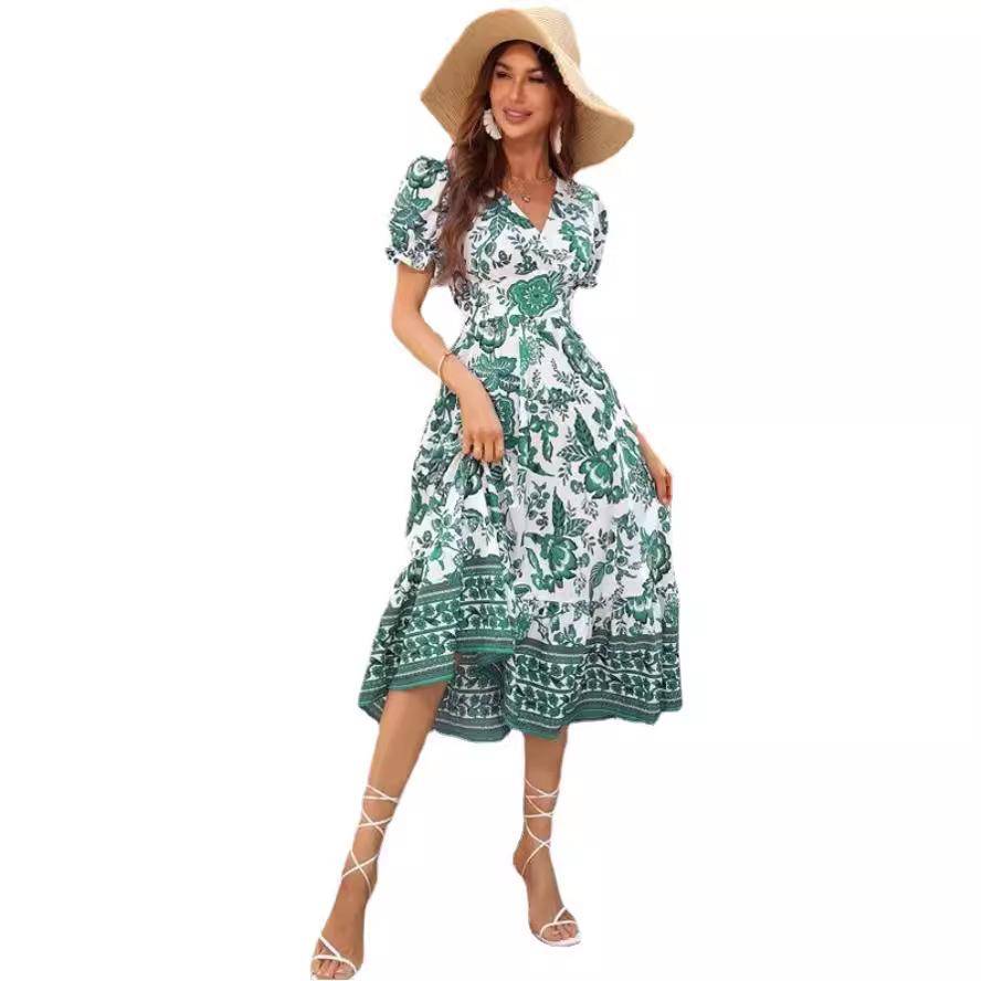 2023 Summer Stand-Up Collar Puff Sleeve Dress with All-Over Print