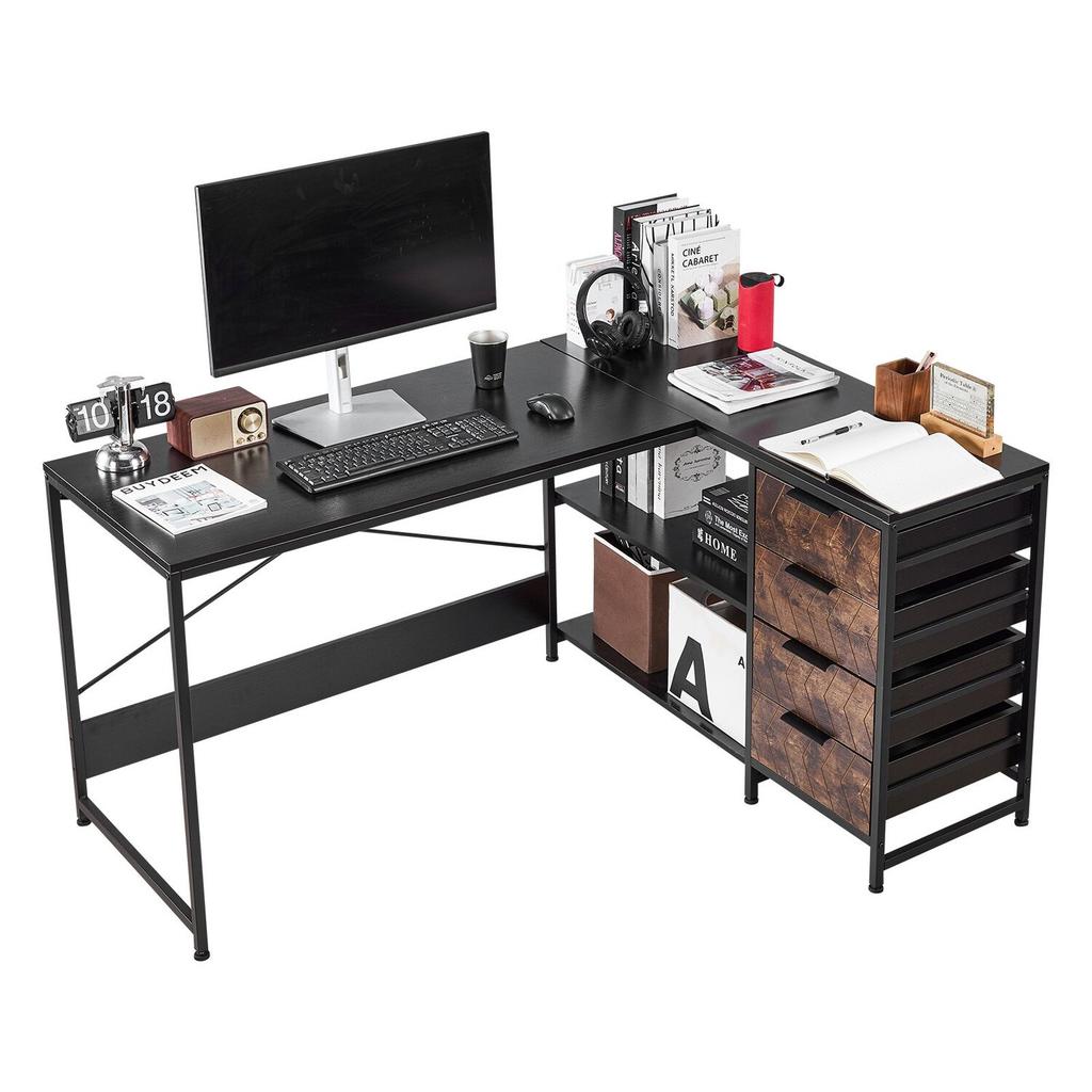 L-Shaped Computer Desk, 1.5m Reversible Corner Gaming Desk with Drawers & Storage Shelves, Modern Stylish PC Table Sturdy Work Workstation for Home