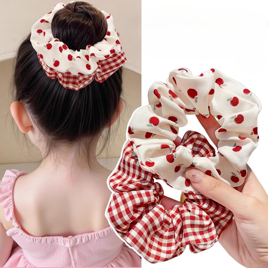 Red Scrunchies Cherry Plaid Girls Elastic Hair Bands Red Bow Polka Dot Heart Hair Rope Ties Ponytail Holder Rubber Band Headwear