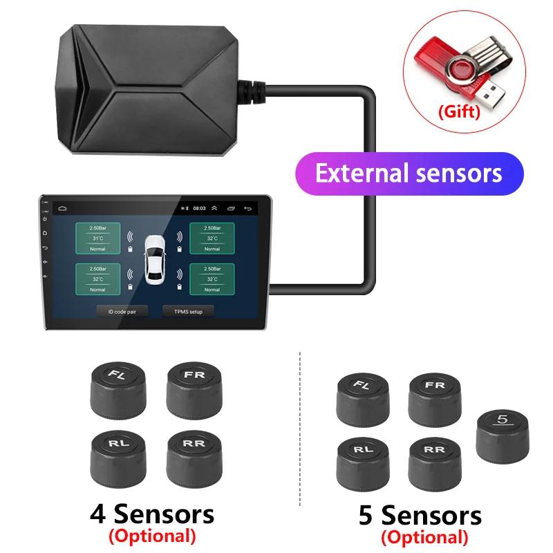 Srnubi USB Android TPMS Car Tire Pressure Alarm Monitor System For vehicle Android player Temperature Warning with four sensors 4 Sensors
