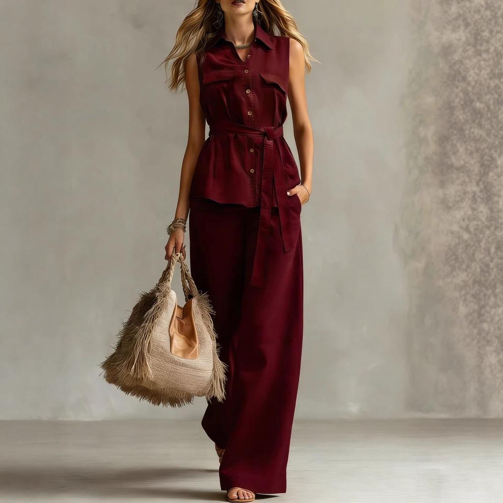 2026 New Summer European and American Cross-border Comfortable and Casual Sleeveless Waist Tie-up Collar Shirt Trousers Two-piece Women's Clothing