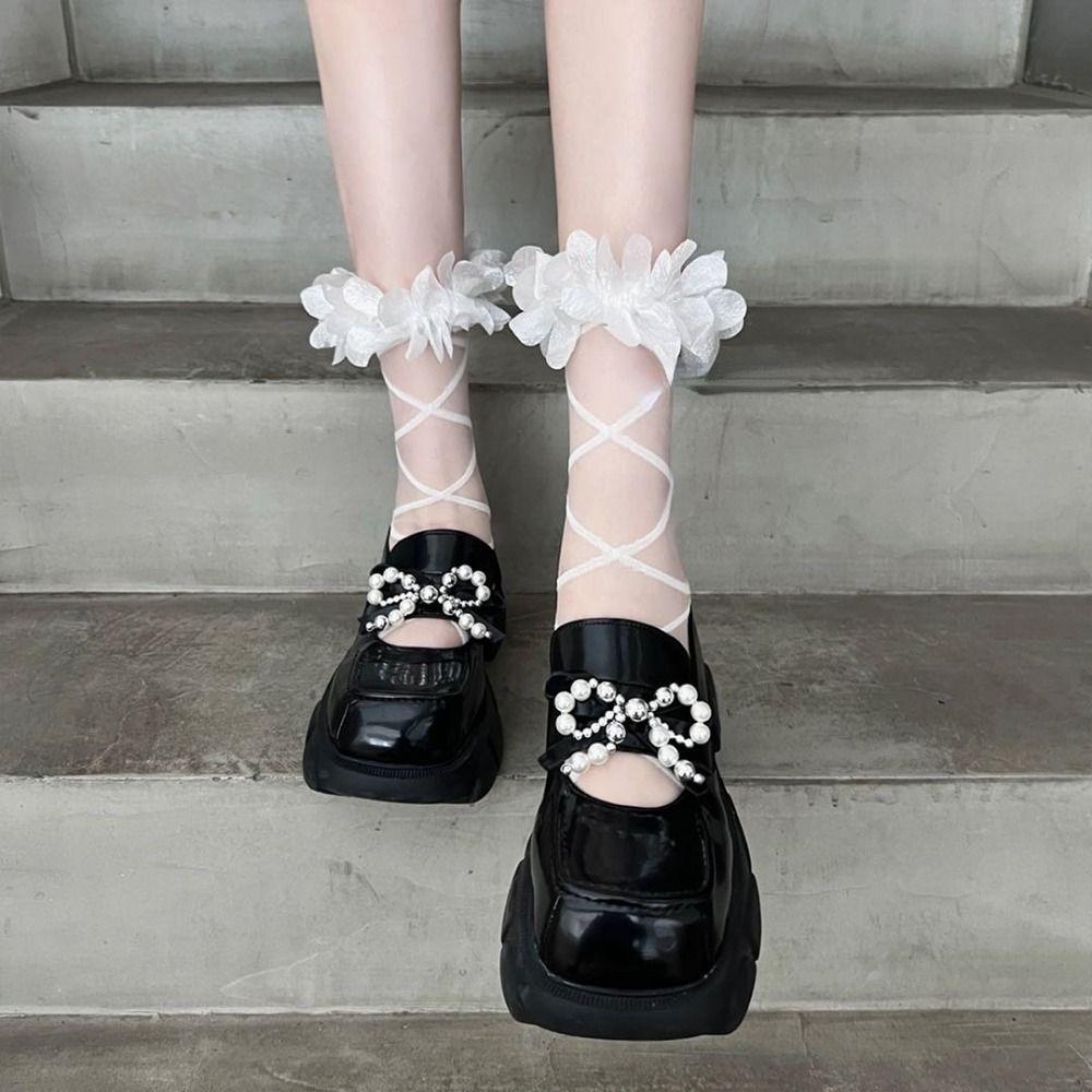 

Polka Dot Sheer Socks Nylon Ruffled Socks Soft Lace Socks JK white-transparent