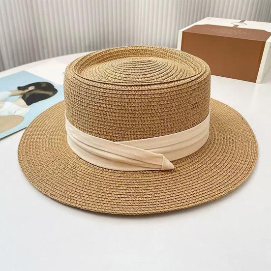 Flat Straw Hat Natural Straw Weaving Wide Brim Sun Hat Summer Beach Sun Protection Hat with Ribbon Bow