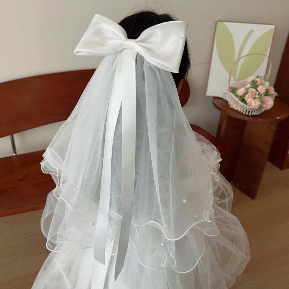 White Girls Head Gauze Bow Super Fairy Veil Fashion Colorful Flowing Tulle Birthday Headdress