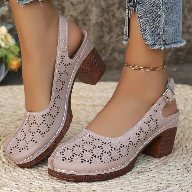 Fashion Plus Size Round Toe Shallow Mouth Cutout One Strap High Heels Summer New Baotou Waterproof Taiwanese Square Heel Sandals
