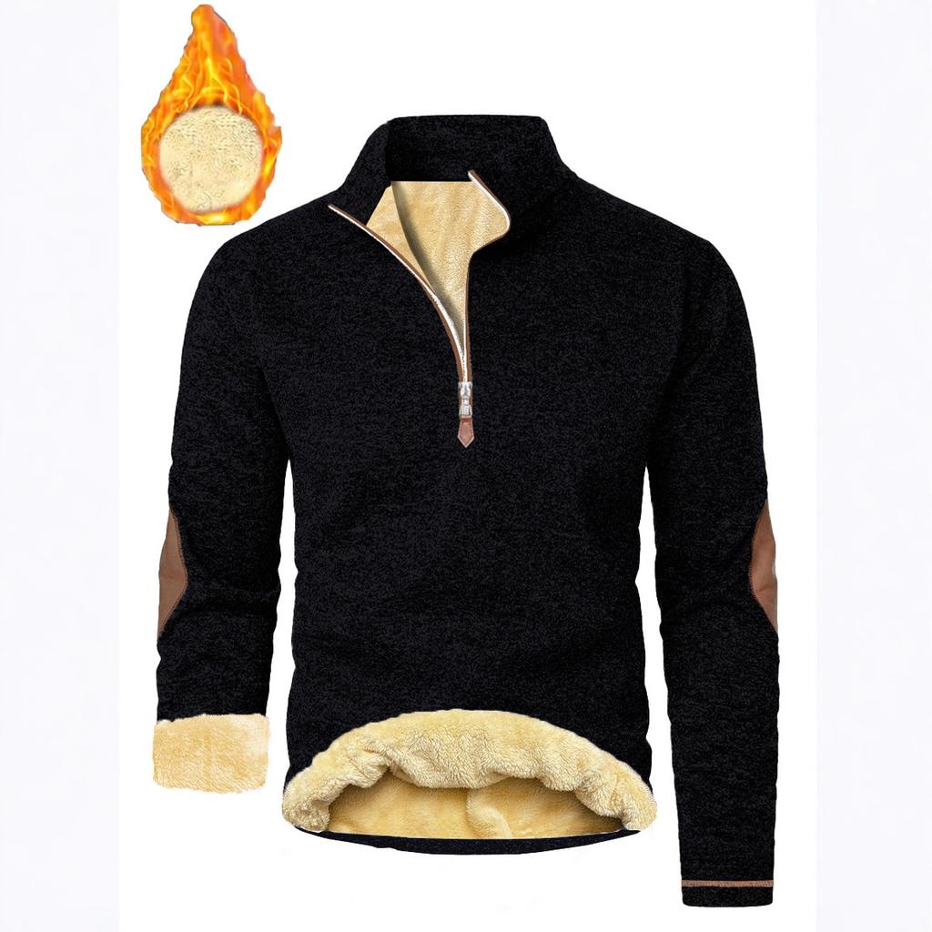 Autumn New Men's Casual Quarter Zip Fleece Lined Sweatshirt with Elbow Patches Solid Color Warm Sportswear Male Fashion Outerwear