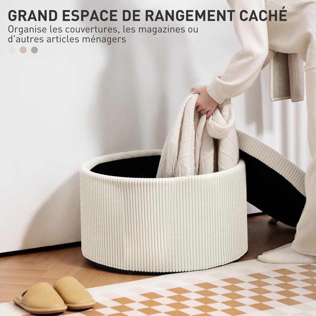 Storage ottoman, round stool, ribbed velvet footrest, load capacity 120 Kg, diameter 60 x height 41 cm, beige