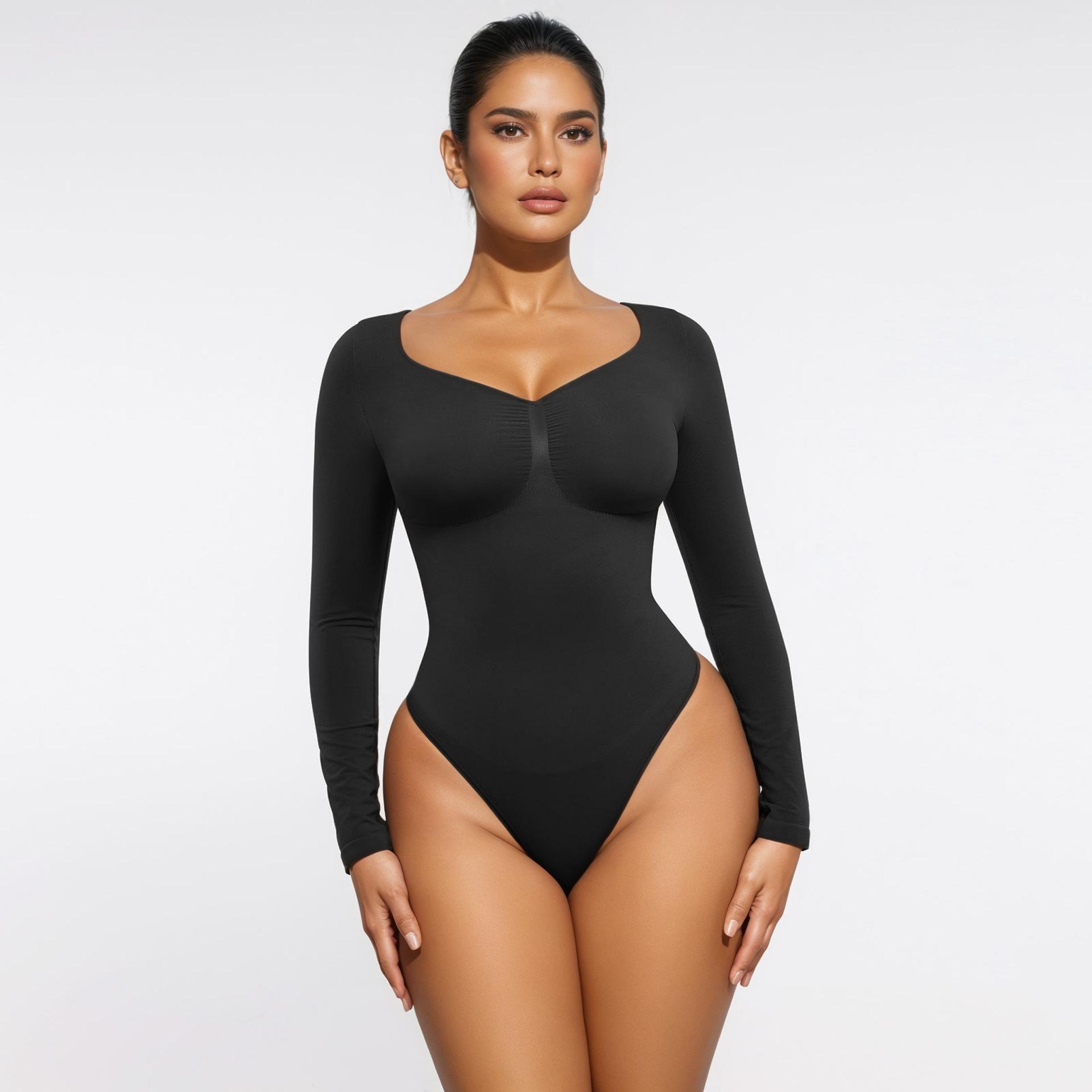 

Высокоэластичный Боди с V-образным вырезом на кнопках, утягивающее талию, с длинными рукавами и бесшовными стрингами для женщин XL