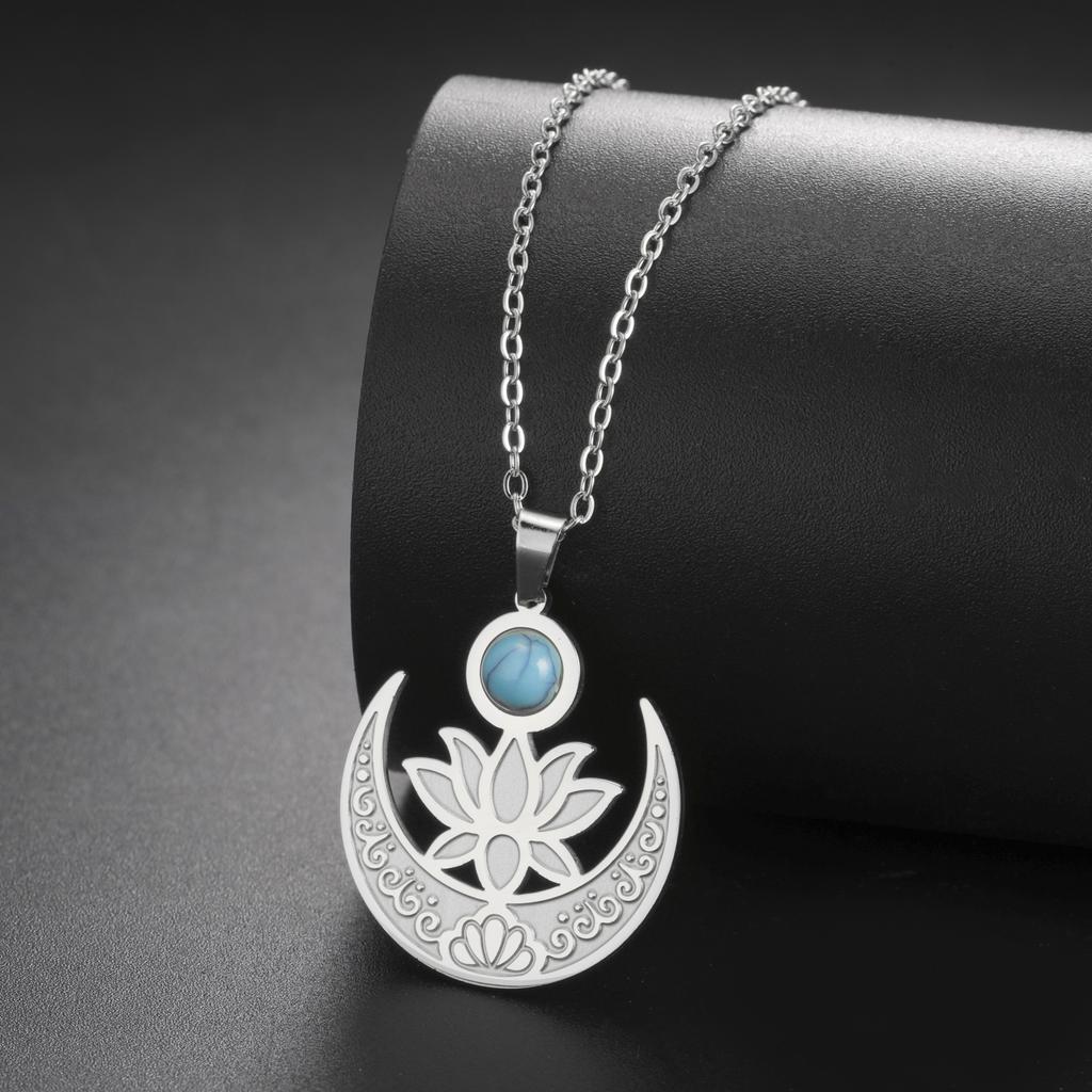 LIKGREAT Lotus Flower Necklace for Women Stainless Steel Healing Engrave Crescent Yoga Pendant Buddhism Amulet Jewelry