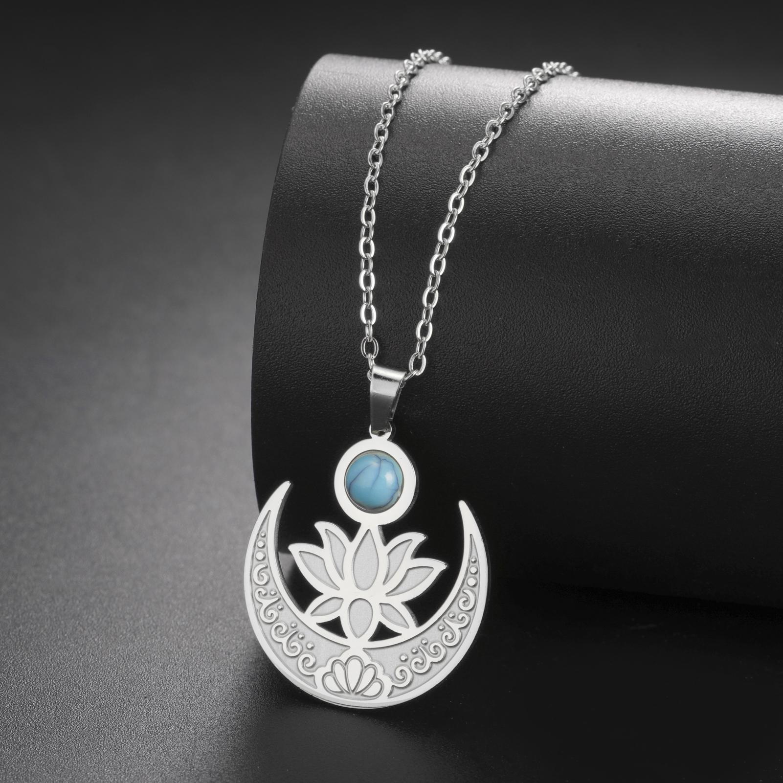 

LIKGREAT Lotus Flower Necklace for Women Stainless Steel Healing Engrave Crescent Yoga Pendant Buddhism Amulet Jewelry