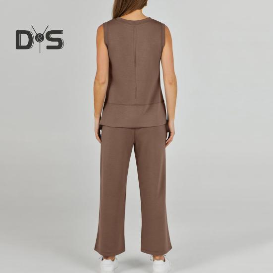 2-teiliges Oberteil- und Hosenset für Damen, einfarbig, Rundhalsausschnitt, ärmellos, Seitenschlitz, lockere Weste, weites Bein, Seitentaschen, Hose für den Alltag, Pendeln, Urlaubsoutfit