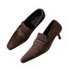Sheepskin Version~ Retro Suede Small Square Head Thin Heel Cat Heel Deep Mouth Loafers Single Shoes Women's Shoes Commuter Shoes High Heels