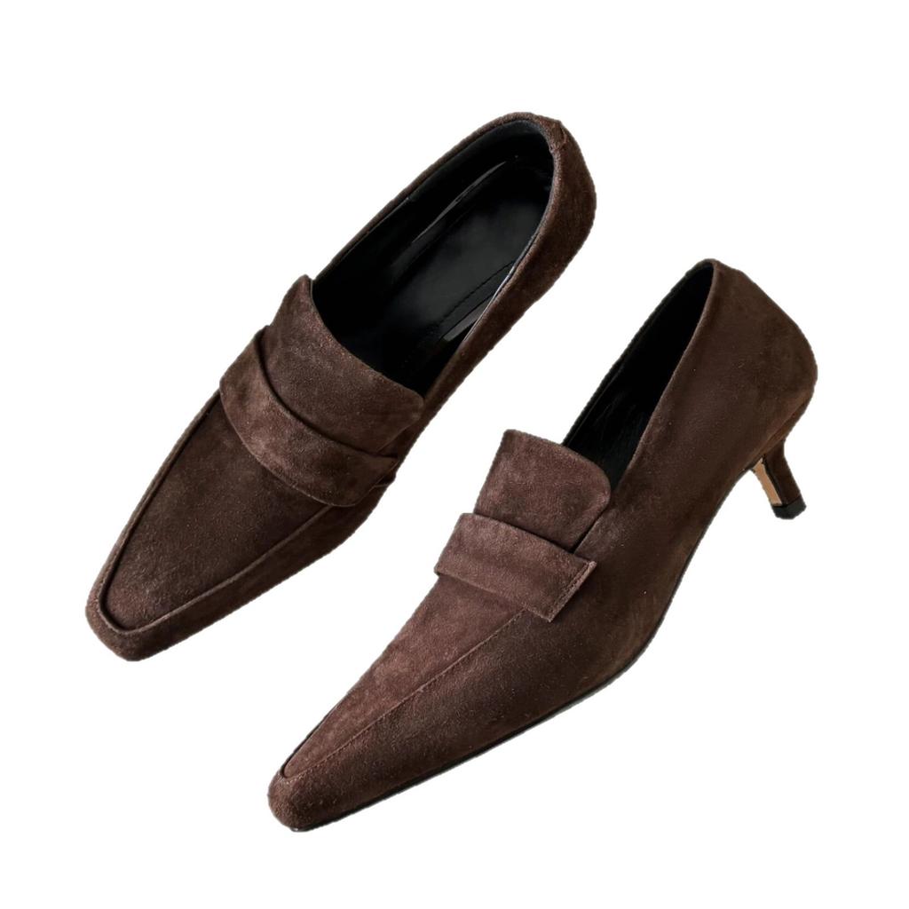 Sheepskin Version~ Retro Suede Small Square Head Thin Heel Cat Heel Deep Mouth Loafers Single Shoes Women's Shoes Commuter Shoes High Heels