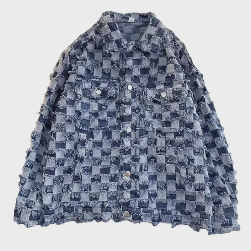 Unisex Retro Plaid Denim Jacket - Trendy Spring & Autumn High Street Chessboard Design