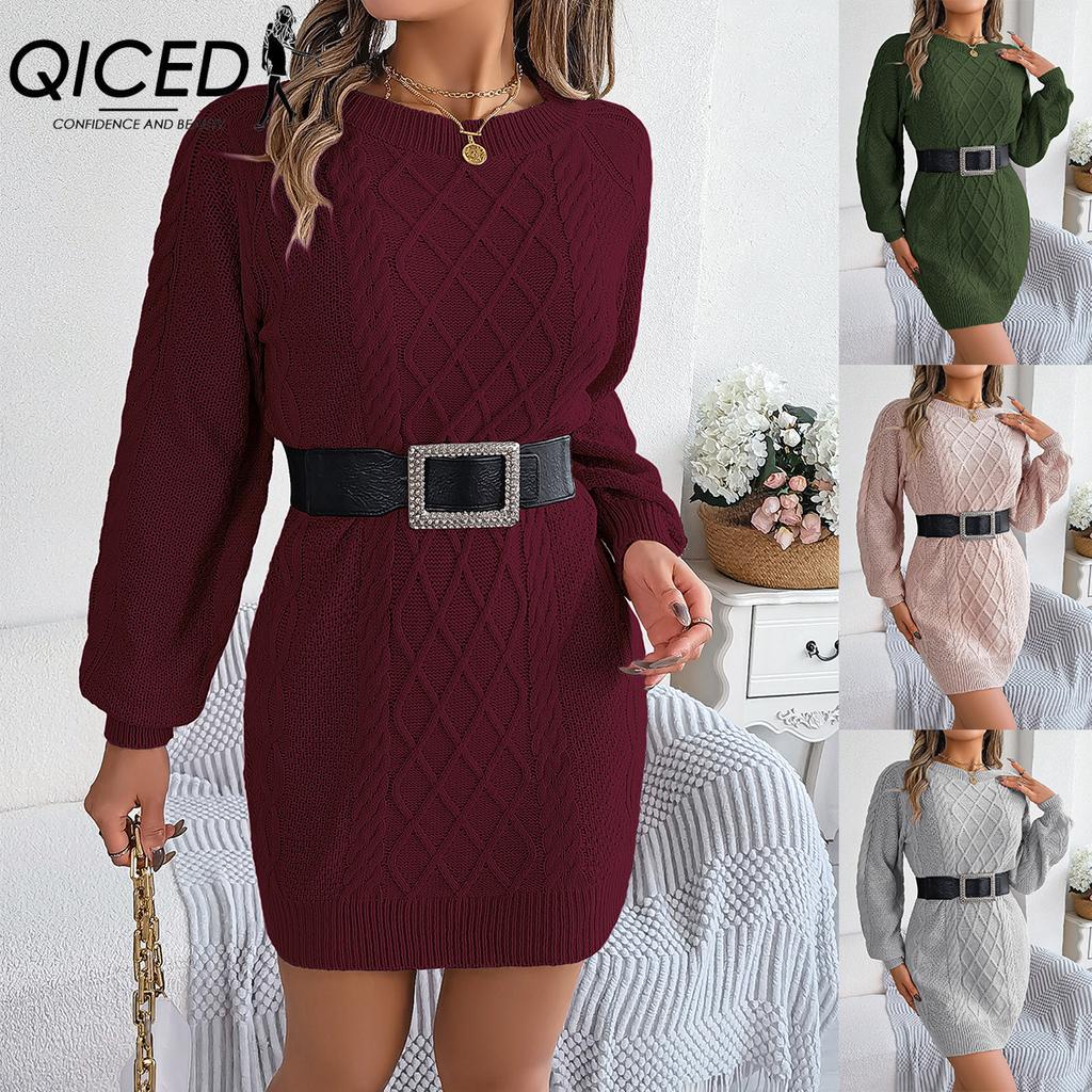 QICED Autumn and Winter Solid-color Twisted Waist Lantern Long-sleeved Woolen Dress Women's Clothing