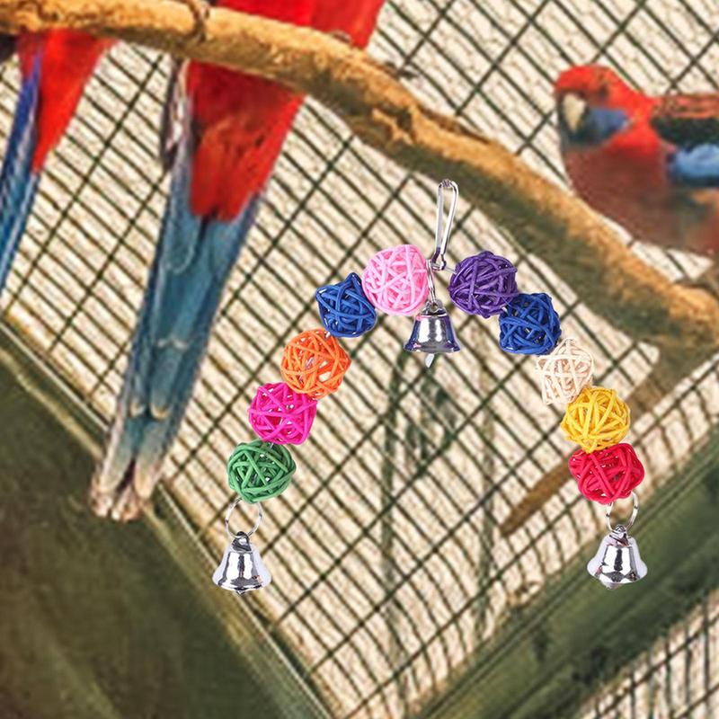 Pet Bird Chewing Toy Colorful Parrot Toy Bird Tearing Toys Birds Cage Supplies Bird Cage Bell String Toys with Rattan Balls