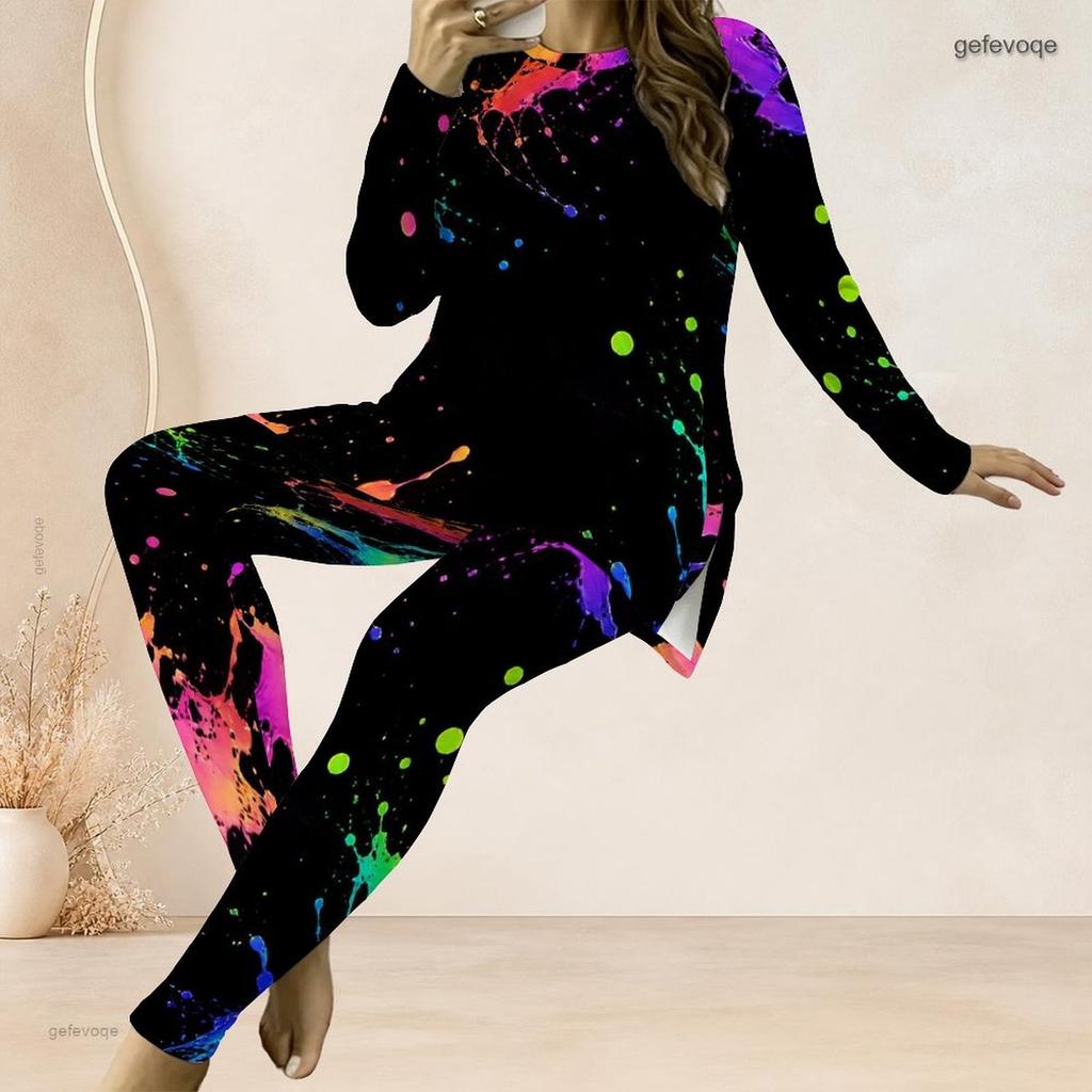 Women Plus Size Two Piece Set Round Neck Long Sleeve Colorful Splash Print Top And Long Pants