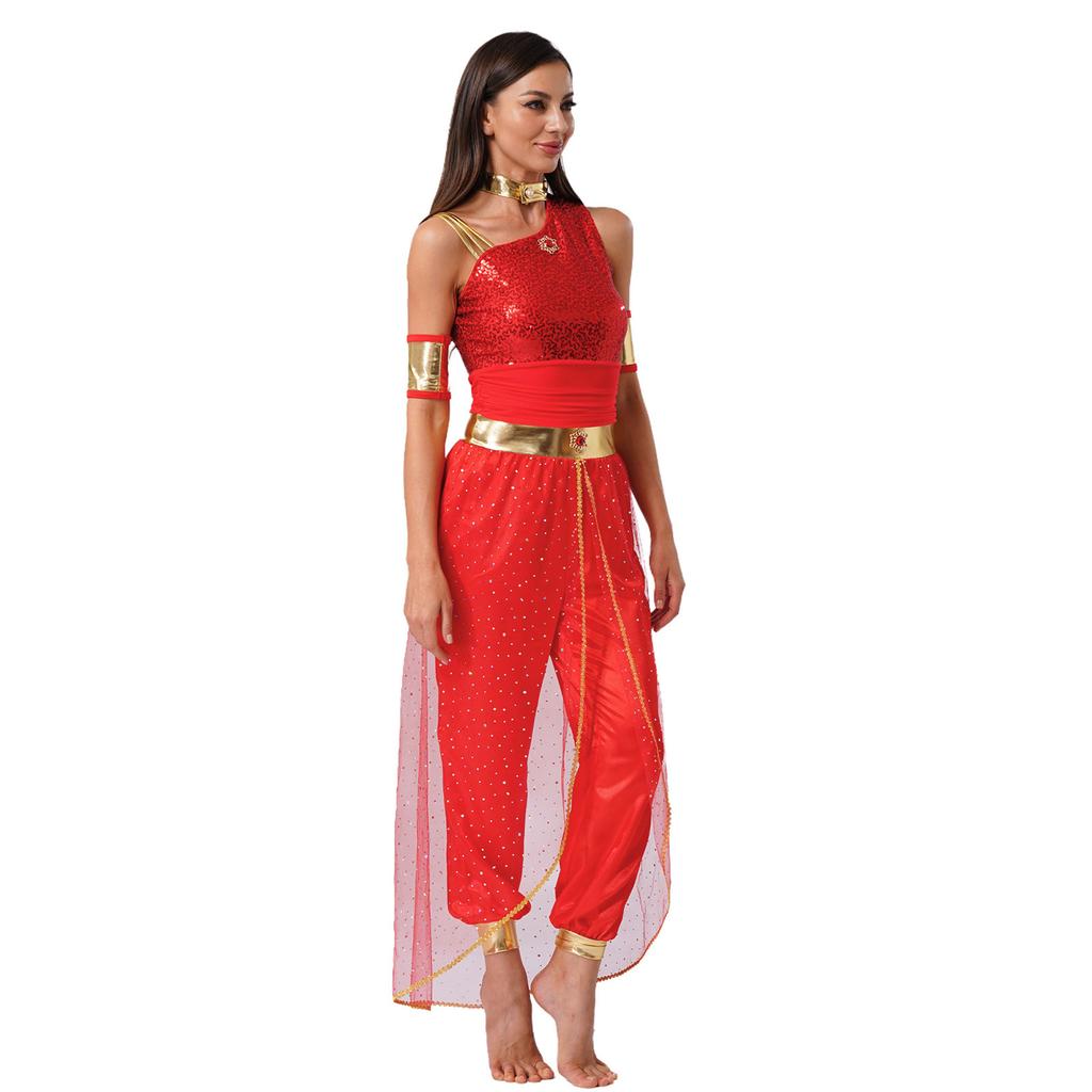 Glänzender Tüll Bauchtanzkostüm für Damen Arabischer Prinzessinnenstil Edelstein Dekor Jumpsuit Halloween Party