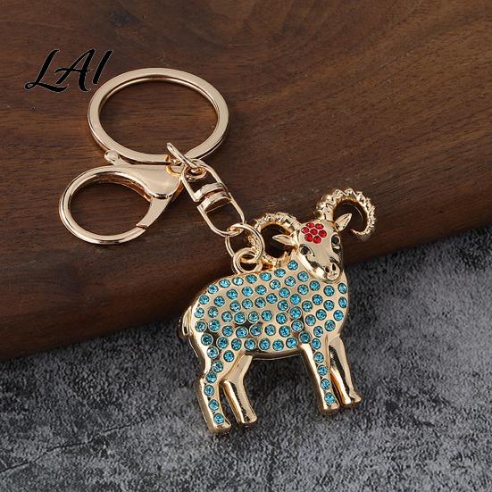 Golden Plated Animal Keyring Rhinestone Goat Keychain Shaped Metal Handbag Charm Pendant Handbags Backpack Decorative Accessories