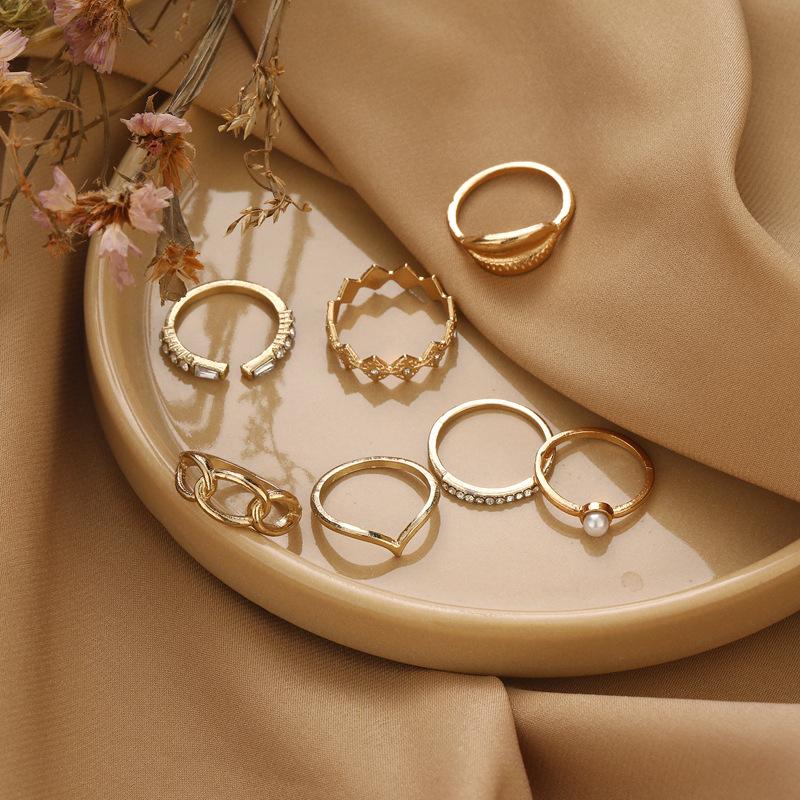 Pearl Ring, Fashionable Shell With Diamonds, Quadrilateral Thick Chain Combination 7-Piece Set For Women