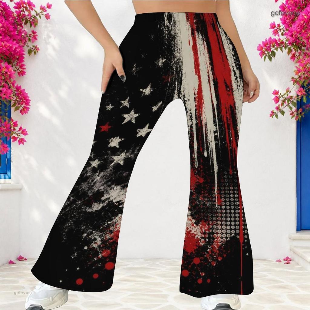 Women's Casual High Waist Flare Pants, Distressed Print Streetwear Bell Bottom Trousers