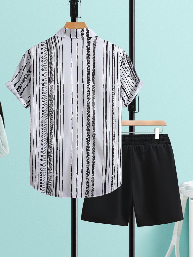 Men's Casual Light Green Striped Short-Sleeve Shirt and Shorts Set, Summer 2025 Edition