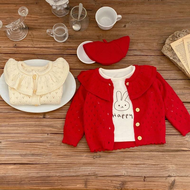 Autumn and Winter Baby Girl Knitted Cardigan Lotus Collar Hollow Long Sleeve Sweater Coat