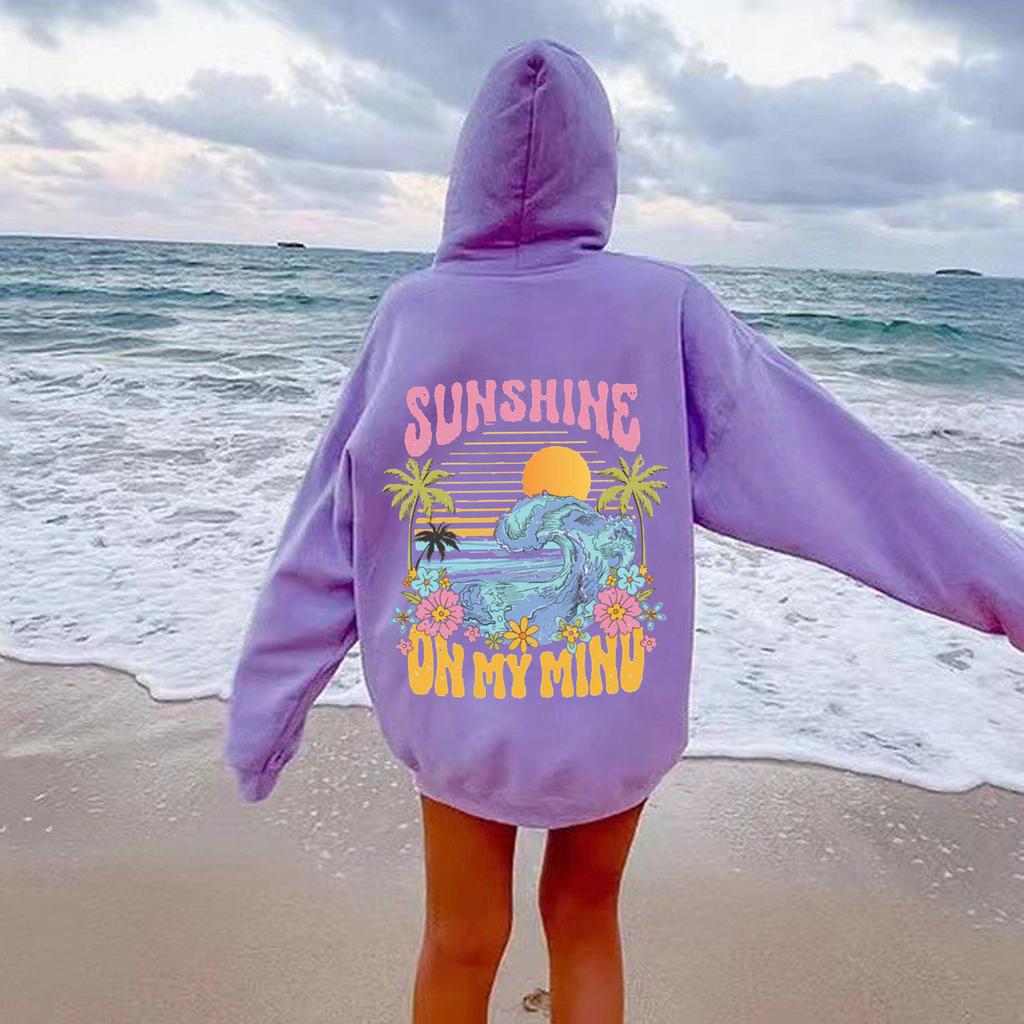 2025 Popular Fashion Hooded Sweater Ins Women's Shoulder Sleeves Fashion Sunshine Wave Sweater Print