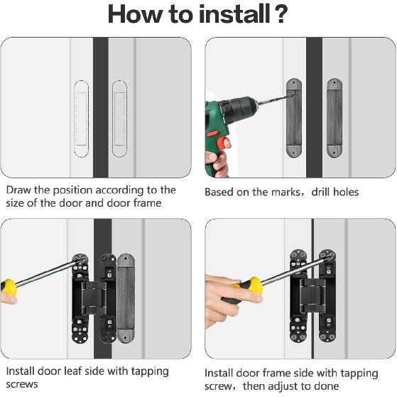 6 inch Hidden Door Hinges (2Pcs) Invisible Hinges for Doors, 180 Degree Swing Concealed Hinges, 3 Way Adjustable & Heavy Duty Hinges(Black)