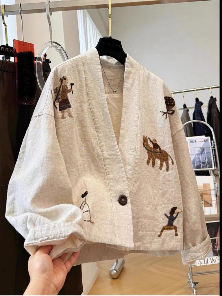 Herbstkollektion 2025: Exquisite bestickte V-Ausschnitt Retro Baumwollleinenjacke für Damen