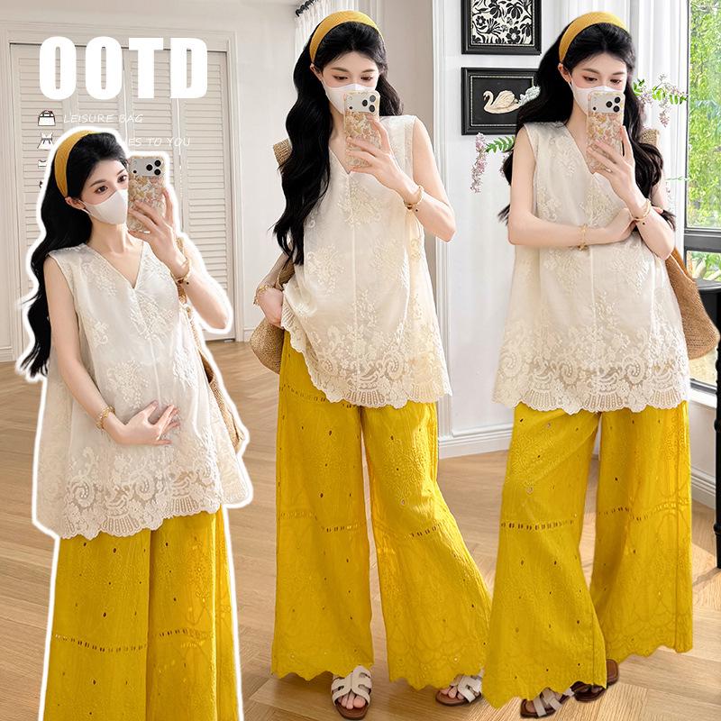 2026 Summer Chic Maternity Two-Piece: Sweet V-Neck Sleeveless Top & Pig Nose Button Wide-Leg Pants M