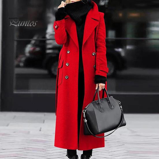 Slim Fit Lapel Coat Women Overcoat Double-breasted Turn-down Collar Cardigan Mid-calf Length Long Sleeves Pocket Jacket with Pockets OL Commuting