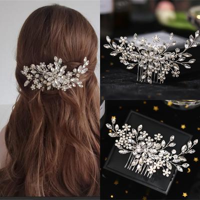 Bridal Crystal Flower Pearl Hair Comb Rhinestone Hairpin Headband Tiara -Wedding Hair Accessories for Women Elegant Jewelry Gift