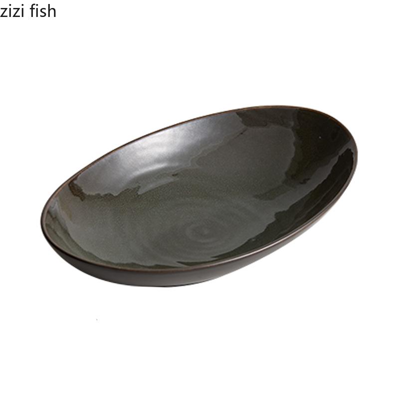 Olive Green Oval Fish Plate Kiln Changes Deep Plate Thick Soup Plate Sashimi Plates Service Plates Hotel Creative Tableware