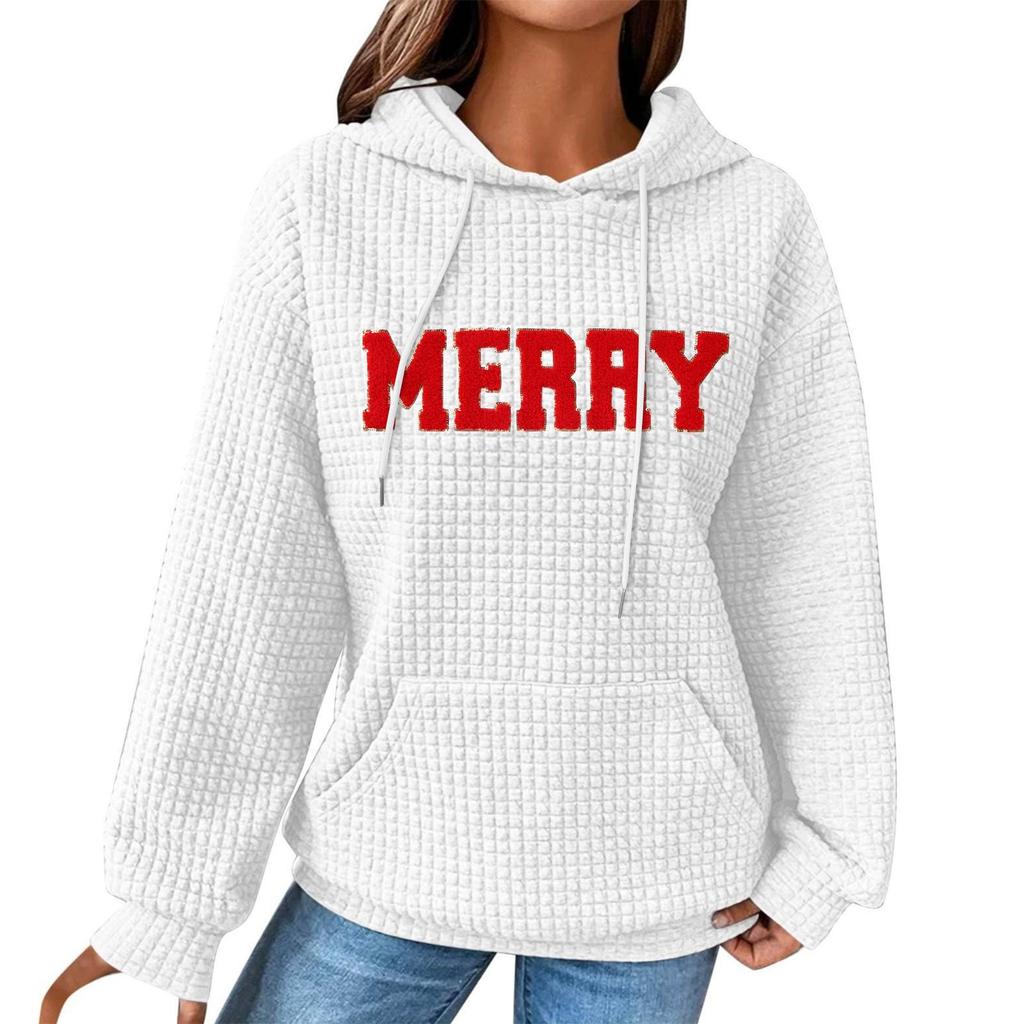 Women's Fashion Loose Hooded Pullover Long Sleeve Plaid Sweatshirt With Drawstring, Drop Shoulder, Pocket, Christmas Print Top