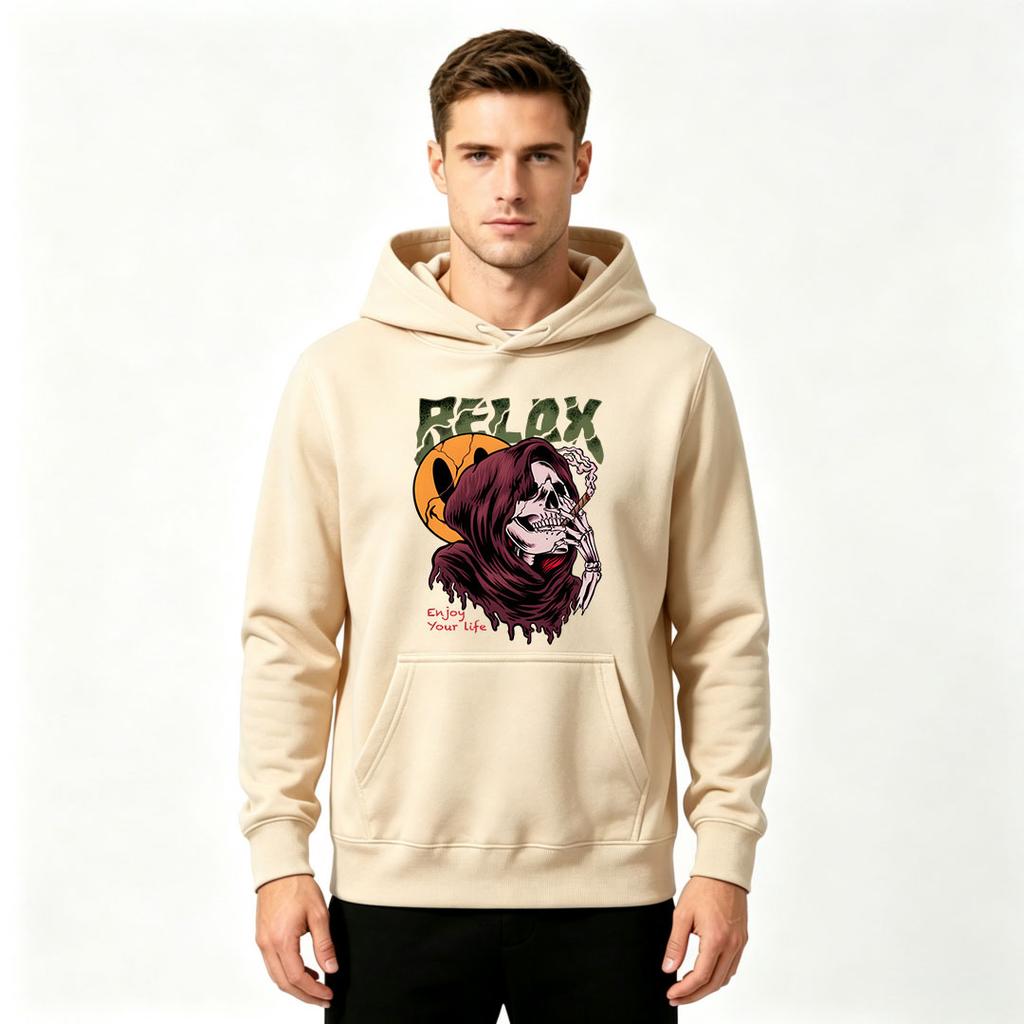 Men's Relax Grim Reaper Smoker Print Pullover Hoodie Casual Long Sleeve Hooded Sweatshirt