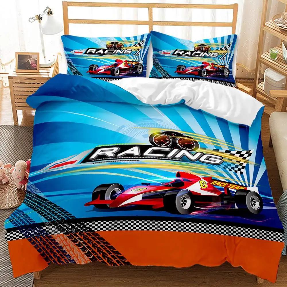 Race Car Duvet Cover Set King Queen Twin Size Red Flame Comforter Cover 3D Sport Car Theme For Boys Girl Polyester Bedding Set