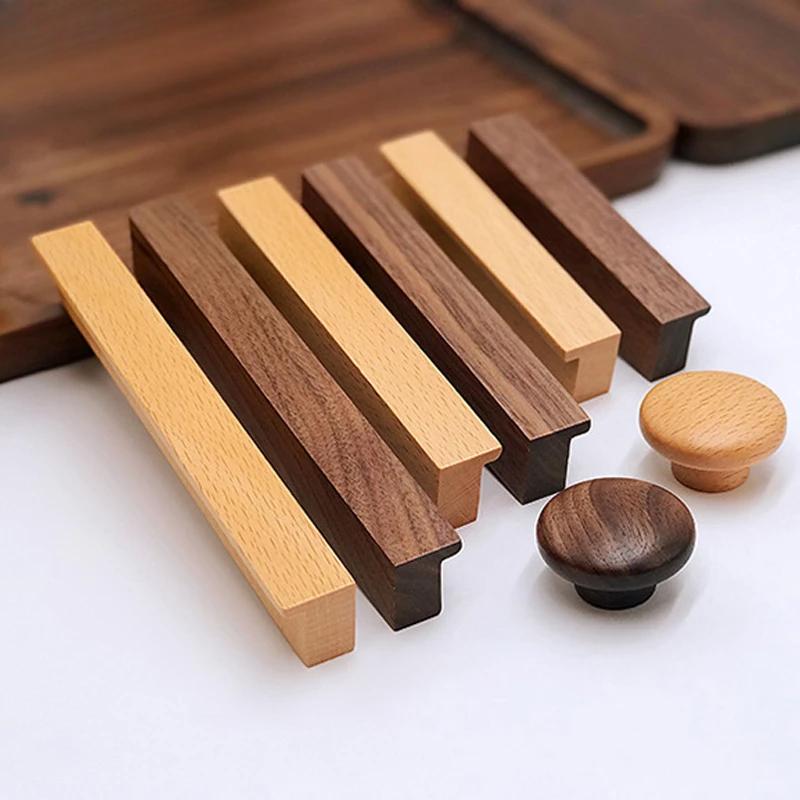 Walnut Wooden Furniture Handle Beech Wood Kitchen Cabinet Knobs Wardrobe Pulls Long Handle Drawers Dresser Hardware Door Handles
