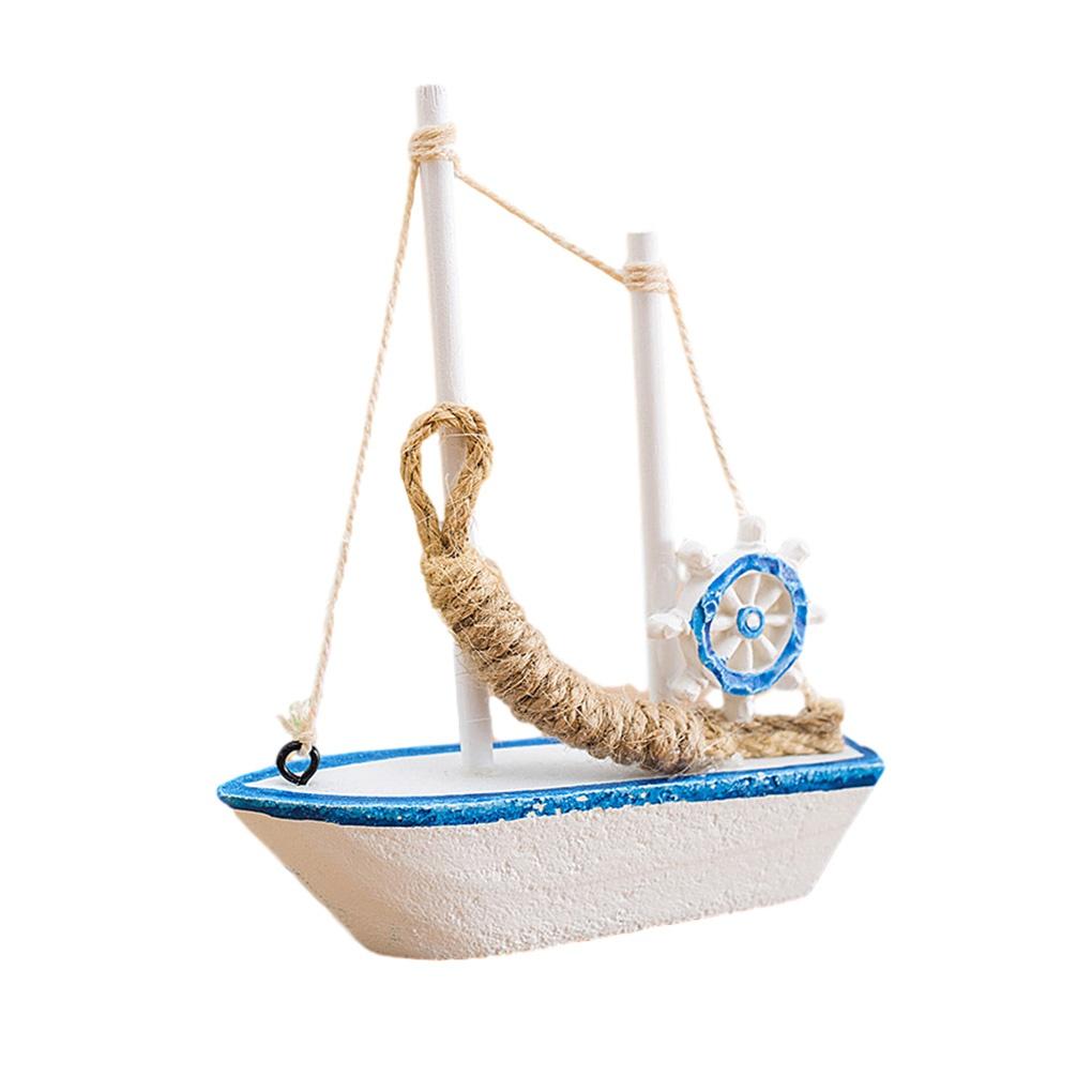 1Pc Mini Mediterranean Style Marine Nautical Wooden Blue Sailing Boat Ship Wood Crafts Ornaments Party Room Home Decoration