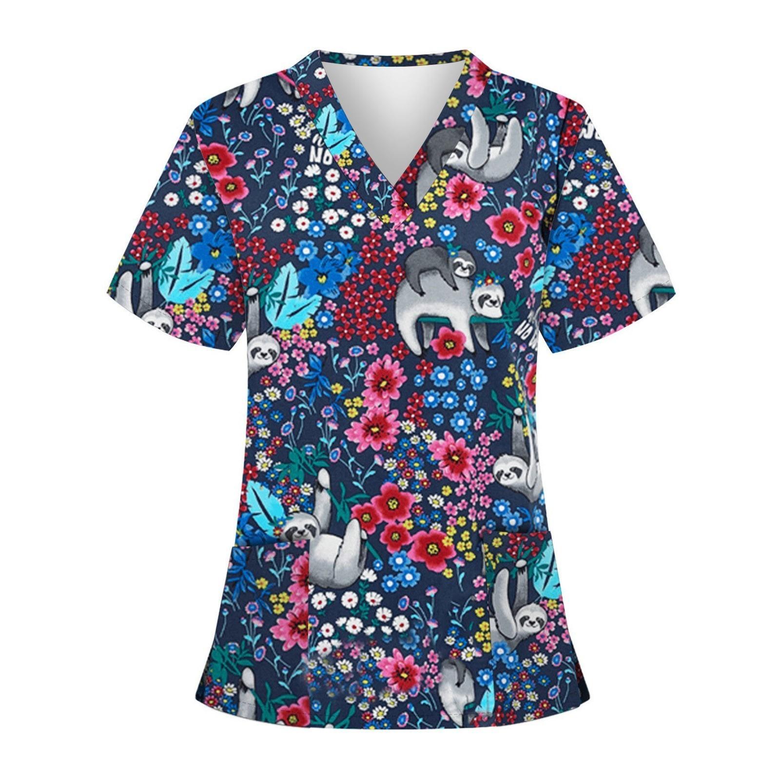 Women Casual Fashion Short Sleeve V-neck Tops Working Uniform Cartoon Print Blouse S