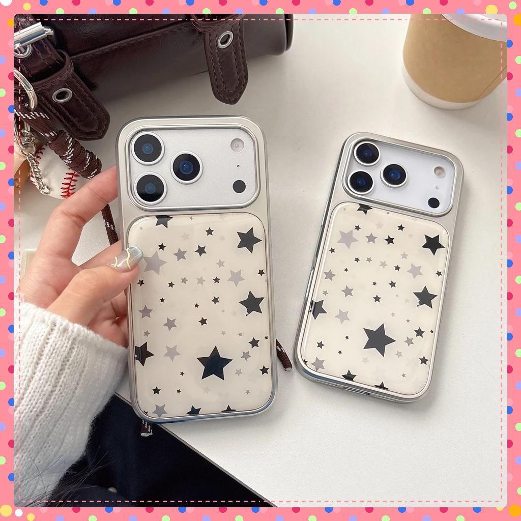 Advanced Full Screen Black Stars Drip Glue Silver Border Shockproof Protective Phone Cover Case for iPhone 17 16 15 14 Pro Max